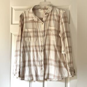 A.n.a button down tan/cream plaid long sleeve be shirt sz Large